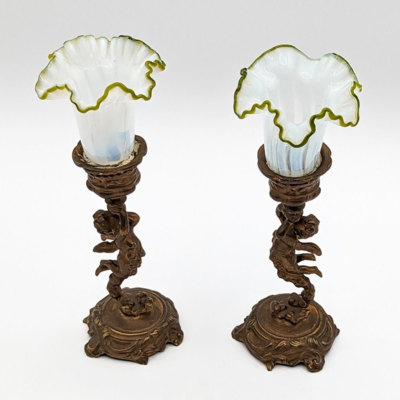 Antique Cherub Candle Holders Gilt Bronze w Hand Blown Ruffled Glass Green Rim - Picture 4 of 13